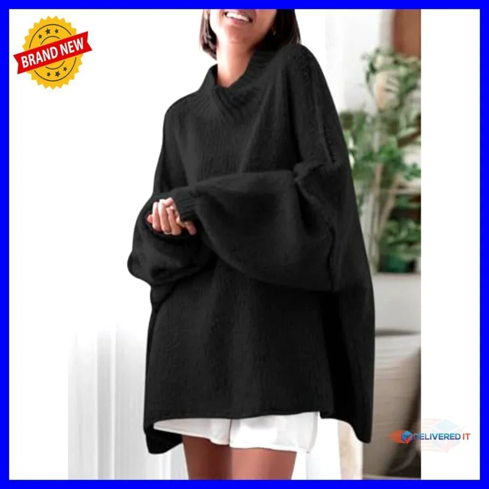 Oversized Mock Neck Batwing Sweater Ribbed Knit Tunic Casual Chic Fall